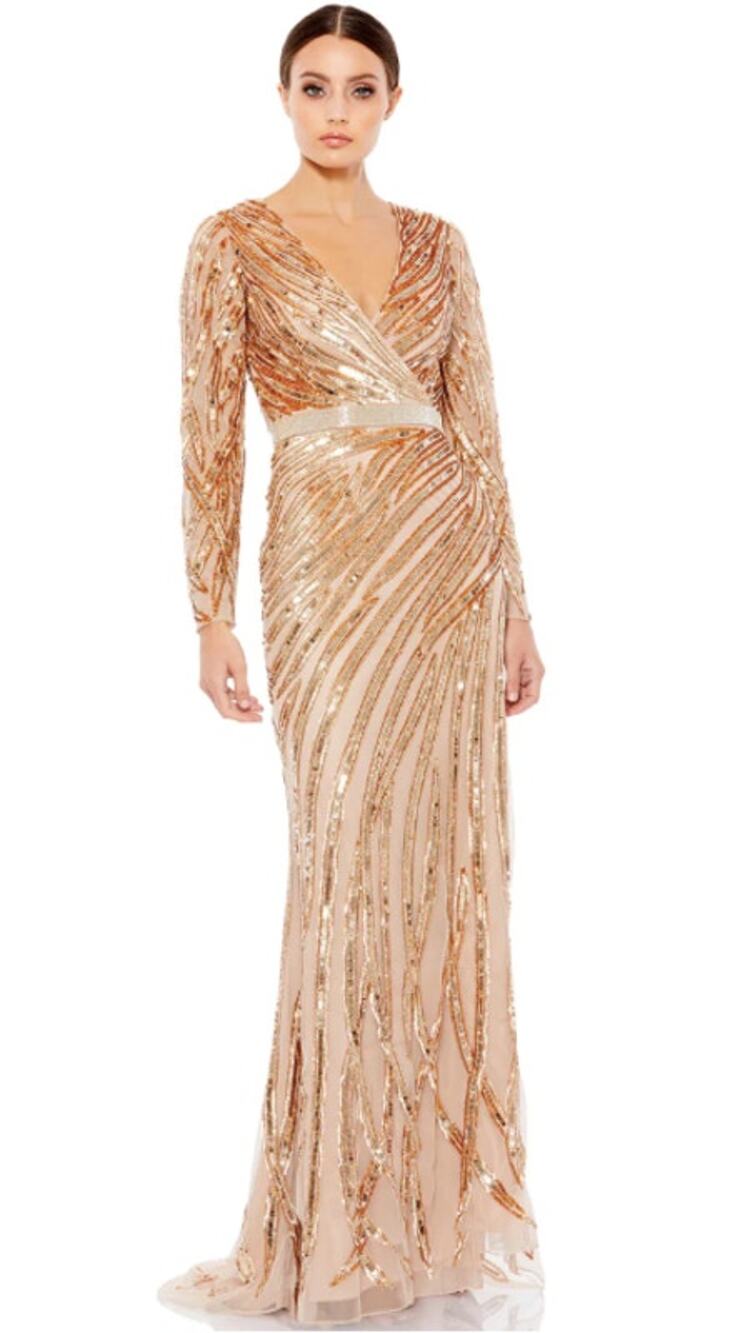 Mac Duggal 8 copper Long Sleeve Sequin Streaked Gown sparkly prom formal ball